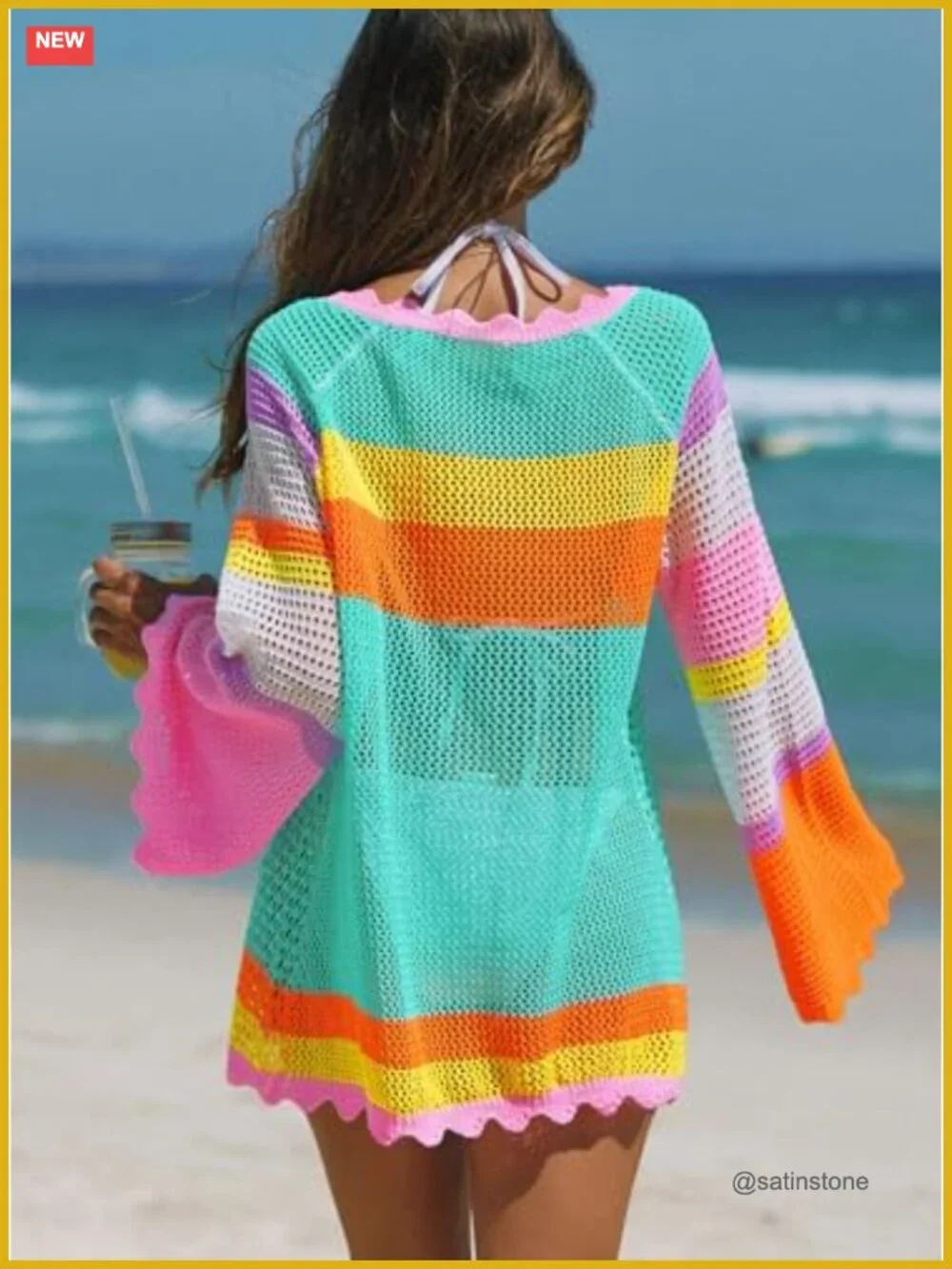 Crochet Swimsuit Cover Up Color Block Bathing Suit Coverup